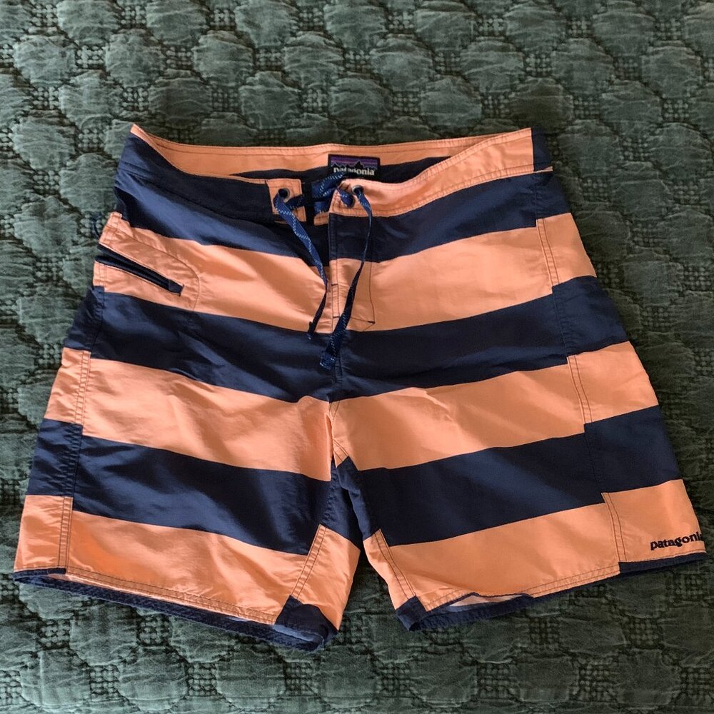 Patagonia Men's Navy and Peach Wide-Stripe Swim Trunks